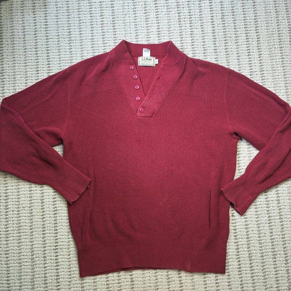 Vintage L.L. Bean Henley Sweater Red Fisherman Cotton Made In USA Mens Large